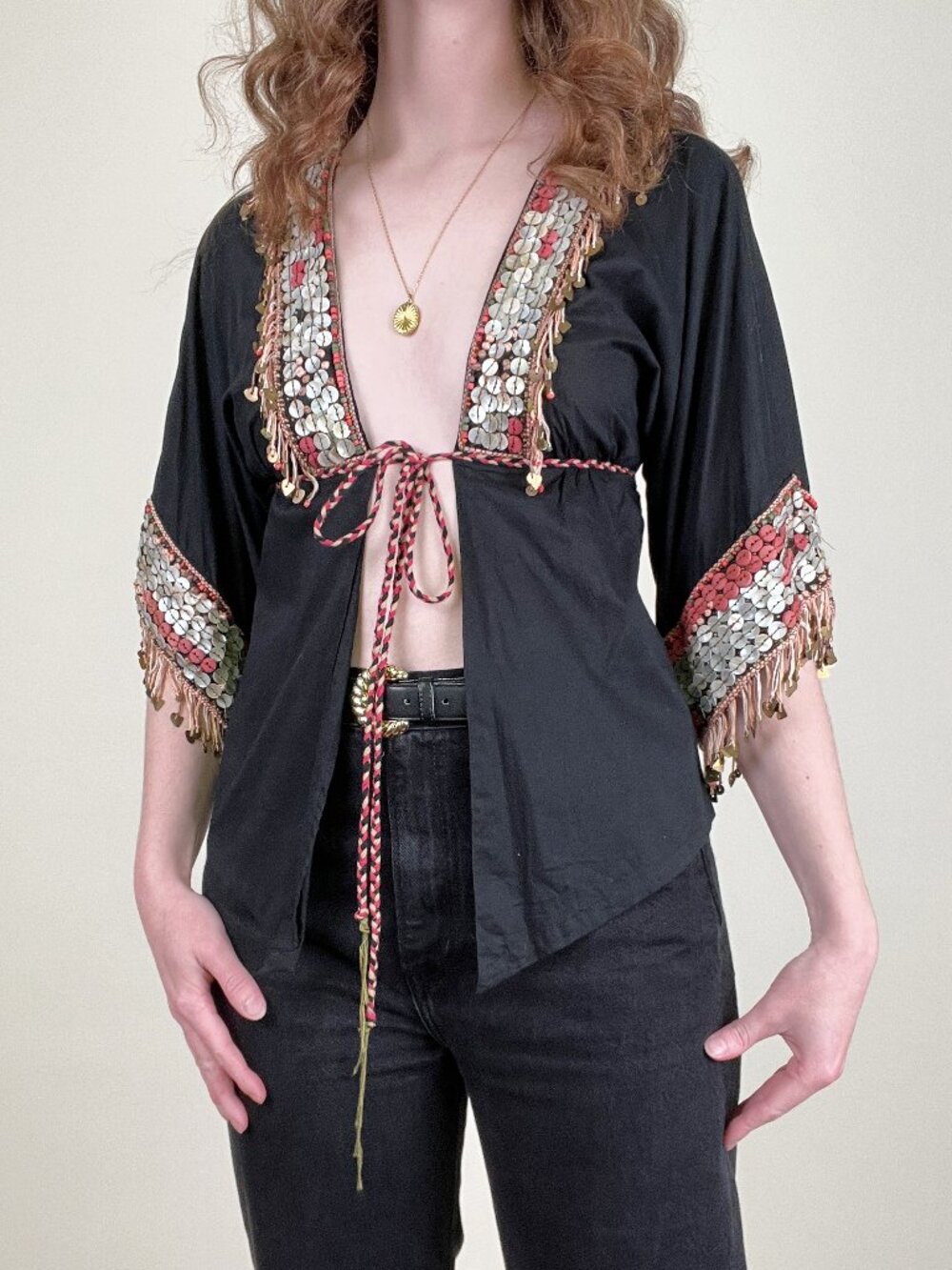 Vintage Y2K Open Tie Blouse Top Plunge Front Festival 70s Inspired Boho Bohemian